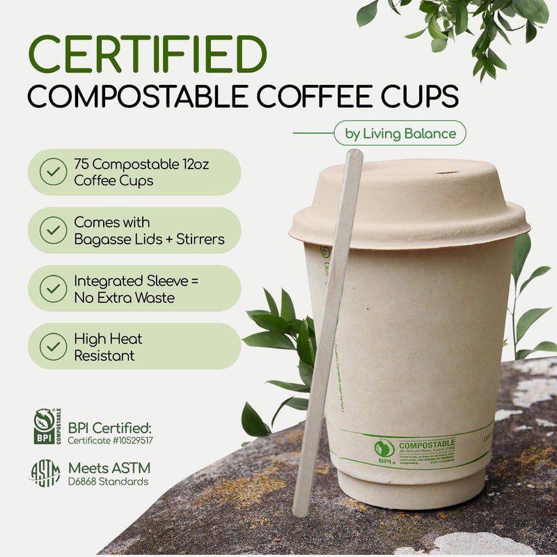 LB LIVING BALANCE Living Balance Certified Compostable Coffee Cups with Bagasse Lids 12 oz â€“ 75 Pack Cups with Stirrers & Integrated Sleeves | Leak Proof, BPA-Free & CPLA Certified Plant-based | To-Go cup for Drinks - Image 2